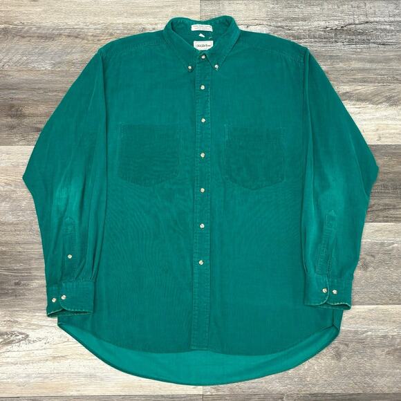Vintage 80s Saks Fifth Avenue Teal Mens L Long Sleeve Button Down Corduroy Shirt - Picture 1 of 10